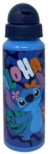 CARTOON Bouteille d'eau en aluminium avec paille bouteille 550 ml accessoire enfant (Stitch, bleu)