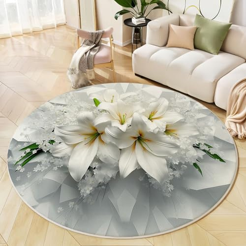 MIATCENRT Runder Teppiche Wohnzimmer, Cremefarben Lilien Strauß Muster Waschbare Teppiche, rutschfest Weicher Geometrisch Teppich für Wohnzimmer, Schlafzimmer, Esszimmer, Kamin, 120cm