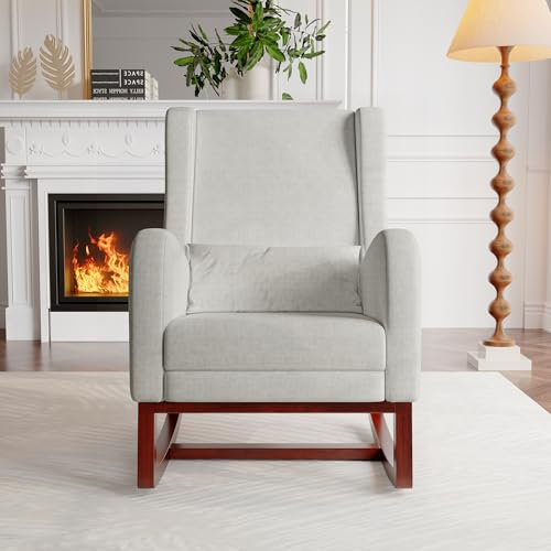 TIMORWTF Fauteuil à Bascule avec Repose-Pieds,Chaise Allaitement avec Coussin Lombaire et 2 Poches Latérales,Fauteuil d'allaitement avec Pieds en Bois Massif, pour Salon, Chambre, Gris
