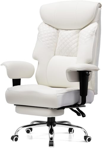 COMHOMA Gaming Stuhl für Große und Schwere Personen, ergonomischer Bürostuhl bis 180 kg, 3D Sitzkissen, verstellbar mit Fußstütze, PU-Leder, hoher Komfort für Büro & Gaming Weiß