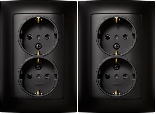 SIMON - Enchufe Doble de Empotrar Schuko, Serie Simon 10, 250V, 16 A, Enchufe de Pared Plano y Fino, Fácil de Instalar, Incluye Marco, Tapa y Mecanismo, Base de Enchufe Hembra Color Negro