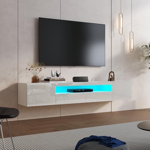 KEEPREAPER White Floating TV Stand for 55 65 70 75 78 85 inch TV, Entertainment Center with LED Light and Storage Cabinet High Gloss Media TV Console Shelf for Wall for Living Room Bedroom