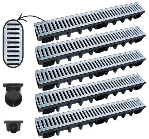 Megaa store 5m Entwässerungsrinne 98 mm – Komplettset A15 Kunststoffrinne Schwarz/Grau/Verzinkt Verschiedene Rostmuster Drainagerinne Bodenrinne (5 Meter, Stahlrost VERZINKT)