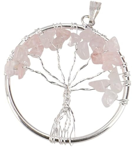 GURU SHOP Lebensbaum Amulett, goldener Kettenanhänger, Rosenquarz/silber