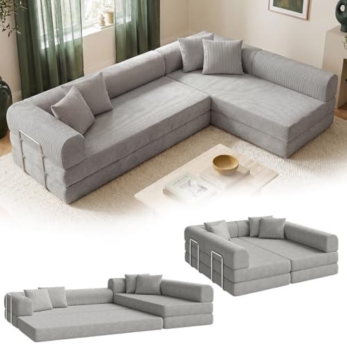 skølm Lofn Ecksofa 4-Sitzer 300 cm, Cord Hellgrau, Wohnlandschaft, 4 Kissen | modulares Klappsofa, ausklappbar zum Schlafsofa/Bodensofa, Vollschaumcouch Boneless mit Stahlgestell, vakuumverpackt, L-Form