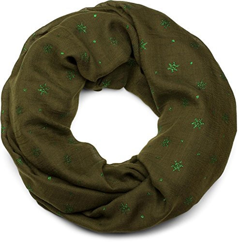 styleBREAKER Damen Loop Schal mit Glitzer Schneeflocken Print, Weicher Schlauchschal Einfarbig, Tuch 01017064, Farbe:Oliv-Grün
