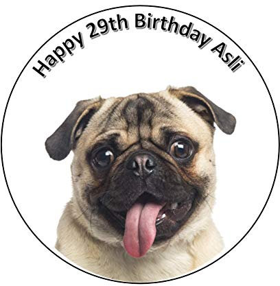 Pug Dog Puppy Round circle Cake Edible Icing or Wafer Topper 7.5 inch Personalised (Icing)