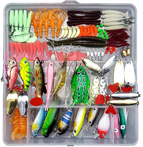 JasCherry Kunstköder mit Einer Tackle Box, Angeln Köder Gemischt, Enthält Spinnerbaits, Hartköder, Plastikwürmer, Frösche, VIB, Höhenhaken, Einzelhaken, Wirbel, Zangen usw