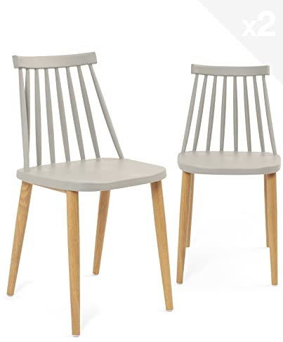 KAYELLES Lot de 2 - Chaise de Cuisine à barreaux bistrot café rétro scandinave, Pieds métal façon Bois Clair BAO (Gris)