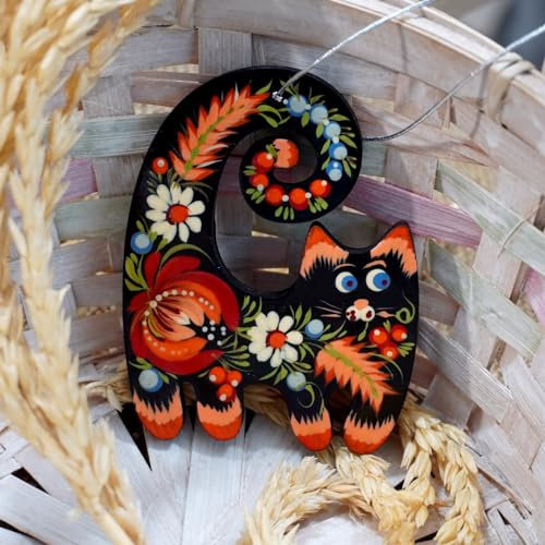 Katze Weihnachtlicher Baumschmuck aus Holz Beidseitig Handbemalt 8.5 х 7 х 0.5 cm Ukrainische Petrykiwka Malerei Kunsthandwerk Besonderer Weihnachtsschmuck Tiere Anhänger