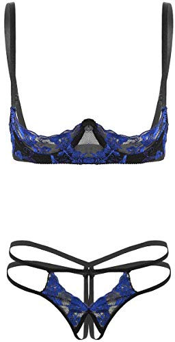 Nimiya Sexy Femme Lingerie de Nuit Sein Nu Erotique Combinaison Broderie Bra Lace Transparent String Ouvert Fesse Ficelles Soutien-Gorge Réglable Push Up Tenue Soirée Adulte Bleu Taille Unique