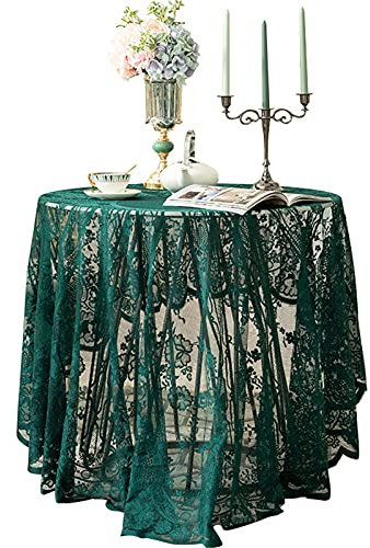 Grüne Spitze Tischdecke Bestickt Elegante Florale Muster Tischtuch Runde Overlay Tischdecke für Hochzeit Party Urlaub Lange Abendessen Home Decor (Rund-150CM/60, Grün)