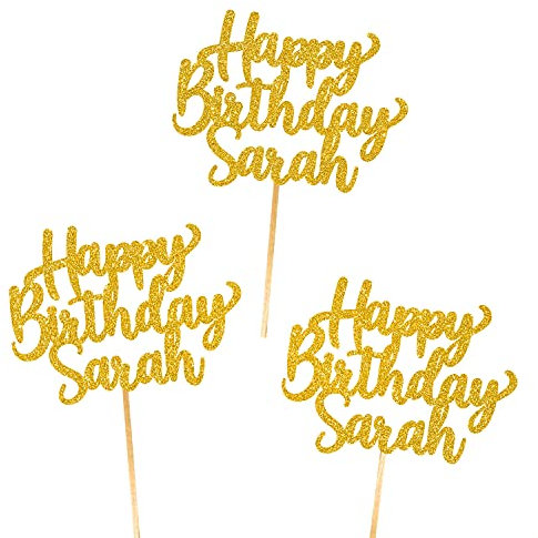 6X Personalised, Double Sided, Handmade Happy Birthday Glitter Cupcake Toppers by Cakeshop | Custom Colour Any Name 480gsm Glitter Cupcake Decorations | Gold