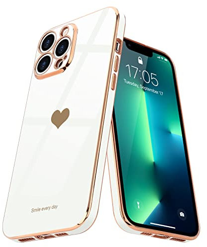 Teageo for iPhone 13 Pro Max Case Cute Heart Pattern for Women Girls Slim Luxury Bling Plating Soft TPU Anti-Scratch Shockproof Bumper Phone Case for iPhone 13 Pro Max, White