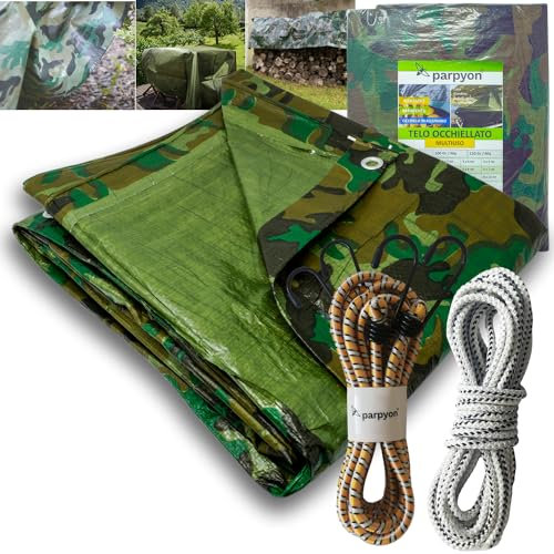 Parpyon® Telo impermeabile esterno Rinforzato da 100gr/mq telo copritutto telone occhiellato ombreggiante per gazebo piscina campeggio mobili giardino (100Gr-Mimetico, 3x4)