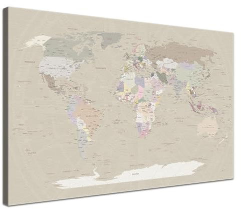 LANA KK Weltkarte-Pinnwand als Leinwandbild, pinne Deine Reisen und Erinnerungen – World Map Cappuccino - Deutsch - Landkarten-Wandbild in braun, 80 x 60 cm