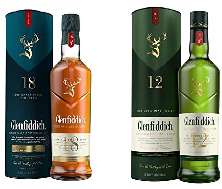 Glenfiddich - Whisky de malta 18 años & Whisky - Whisky escocés de malta,12 años, botella 700ml