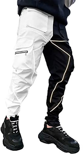 Herren Cargo Hosen Hip Hop Techwear Harem Hose Jogger Sweatpants mit Taschen Jogging Punk Lässig Schwarz/Weiß L