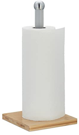 Relaxdays Support à essuie-Tout, Vertical, Bambou & métal, pour la Cuisine, HxLxP : 35 x 16 x 16 cm, Nature - Gris