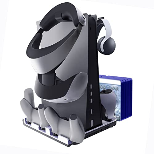 Aokicase Für PS VR2 / PS5 multifunktionale Controller Ladestation mit LED, multifunktionale Kühlbasis, Dual Charger Docking Station für PS VR2 mit Headset-Halter（Weiß, PS VR2 / PS5） PS VR2-007