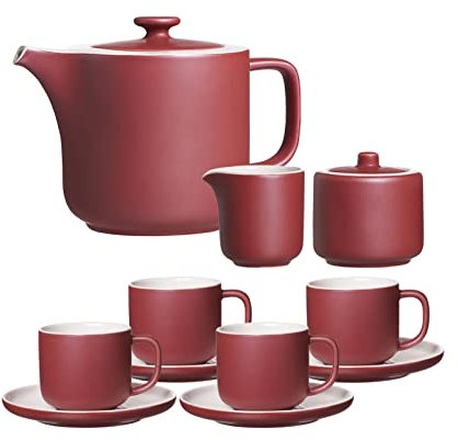 Ritzenhoff & Breker Jasper Teeservice für 4 Personen mit Kanne 1,4 Liter und Milch- & Zuckerset, Teetassen 240 ml mit Untertassen, Steinzeug, Geschirr-Set mit Mattglasur & Soft-Touch-Haptik, Beere