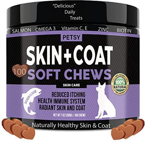 Petsy Skin & Coat supplement for dogs Vitamin C, E, Zinc, Biotin, OMEGA 3 Shiny coat Rejuvinate Healthy coat Natural Support itchy skin relief Daily