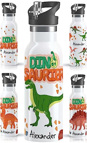 OWLBOOK® Edelstahl Trinkflasche Kinder personalisiert | Wasserflasche mit Strohhalm | 600 ml | Sportdeckel | Spülmaschinenfest | Schule Schulanfang Geschenke Einschulung Junge | Dinosaurier T-Rex