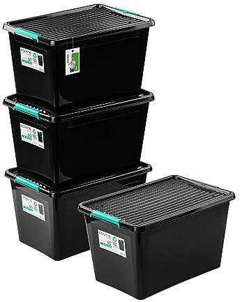 PAFEN 4x caja de almacenaje sobre ruedas Eko-Linie 60l - 58,5 39,5x35cm - Cajas Almacenaje Cajas apilables con clips de cierre Contenedores de plástico Cajas para ropa Organizador | Negro