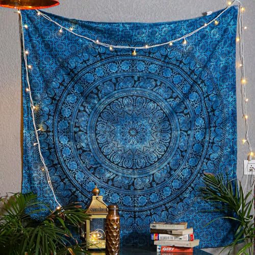 Wandteppiche,Hippie Mandala Wandbehang für Schlafzimmer,127X152 cm,Elefanten-Wandbehang, blauer Wandteppich Baumwolle,Strandüberwurf,Bohemian Decke für Zuhause,Wohnzimmer,Dekoration