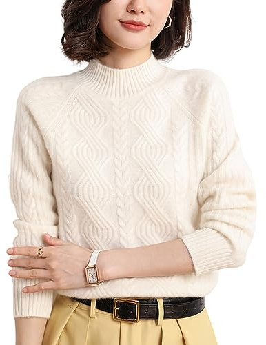 DISSA Pull Cachemire Femme Col Montant Ecru Torsade Tricoté en Vrac Manches Longues épais Pull en Cachemire et Laine,40,DF8041