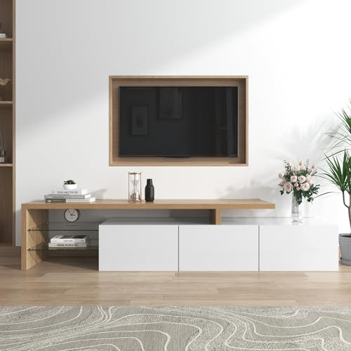 BTM Modernes TV-Schrank-Design: Stilvolle Eleganz, praktischer Stauraum, Hochglanzweiß, Holzoptik, Glasböden, LED-Beleuchtung, 198x39x42cm