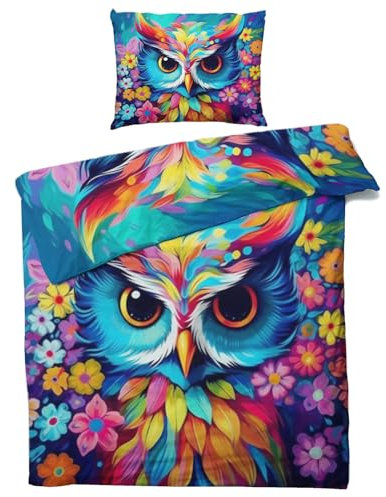 QEODAH Eule Bettwäsche 135x200 Winter - Bunte Eulenmotiv Bettbezug 135 x 200 2er Set - Wendebettwäsche & Kissenbezug - Weiche Mikrofaser Bettwäsche-Sets mit Reißverschluss - Schlafzimmer Bett Deko