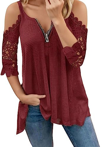 2024 AM- Sexy Damen-Shorts, lässig, Reißverschluss, V-Ausschnitt, Bluse, Farbe mit Fold Kragen, Burgunderrot, Small