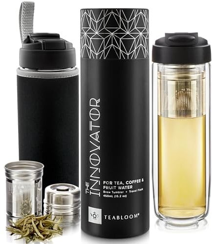 Teabloom All-Beverage Tumbler – Insulated Borosilicate Glass Travel Bottle with Controlled Infuser for Hot Tea, Cold-brew Tea/Coffee, Fruit-Infused Water – The Innovator (15oz/450ml)
