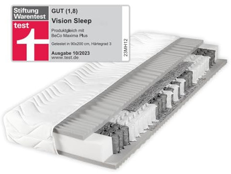 BeCo Matratze 100x200 cm Vision Sleep Taschenfederkernmatratze Härtegrad H3 / Stiftung Warentest “GUT” (getestet in 90×200 cm H3, 10/2023) / ergonomische 7 Zonen Matratze Höhe 22 cm/Made in Germany