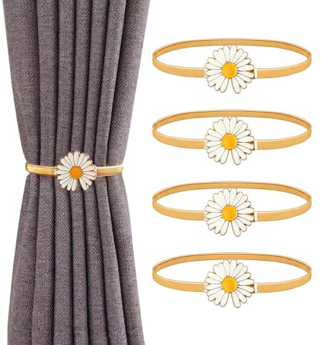 Sheryl&Rain 4 Stück Vorhang Raffhalter, Verstellbare Vorhang Clip Gardinenhalter Metall, Goldene Daisies Raffhalter für Vorhänge mit Federseil für Gardinen Dekoration Zuhause Cafe Büro