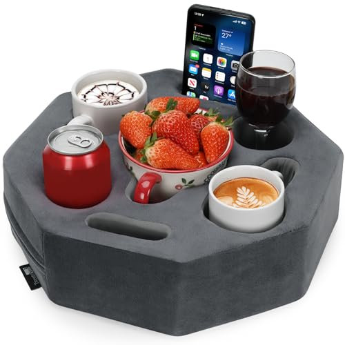Couch Cup Holder Pillow,Couch Drink Holder,Octagon Couch Caddy for Coffee Cup,Phone,Remote,Couch Cup Holder Tray for Bed,Car,Sofa,Table (Grey)