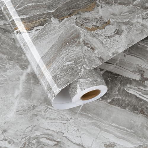 HotDecor Grey and Gold Marble Wallpaper Gloss Grey Vinyl Wrap for Kitchen Worktop Cupboards Gray Marble Effect Self Adhesive Vinyl Wall Paper Roll Living Room Concrete Sticky Back Wallpaper 40 X 200cm