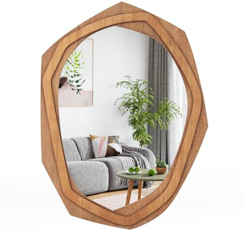 RELAX4LIFE Unregelmäßiger Wandspiegel, Asymetrischer Spiegel zum Aufhängen, Einzigartiger Kosmetikspiegel, Hängespiegel mit HD-Spiegel Robustem Rahmen, für Wohnzimmer Bad Flur(Natur,89,5x66x3cm)