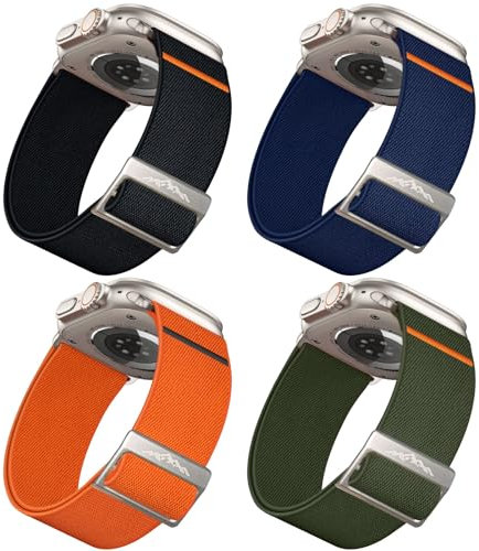 ALFARAY 4 Stück Elastisch Armband Kompatibel mit Apple Watch Ultra 1 2 Armband 49mm, 28mm Breite Nylon Band für iWatch 10 46mm 9 8 7 45mm SE 6 5 4 44mm 3 2 1 42mm, Schwarz/Orange/Dunkelblau/Armeegrün