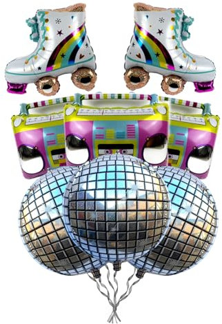 SimpleWild Retro Roller Skate Silver Sparkle Disco Orb Foil Balloon Disco Ball Party Decorations, Radio BoomBox Balloon 70s 80s 90s Disco Theme, Balloons for Birthday, Wedding, Retro Party