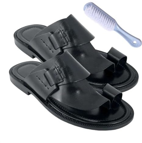 Rutschfeste Flip-Flops Für Herren, Männer Atmungsaktive Zehenring Casual Sommer Leder Bunion Corrector Sandalen, Männergeschenke Zum Vatertag, Orthesen-Flip-Flops Mit Und Clip-Zehe(Color:Black,Size:48