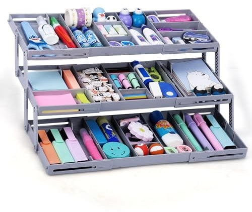 BELLE VOUS Organizer per Cassetti - Divisorio Plastica con 3 Ripiani - Organizzatore Ripiegabile per Trucchi e Gadget - Porta Oggetti a Scomparti da Casa e Ufficio