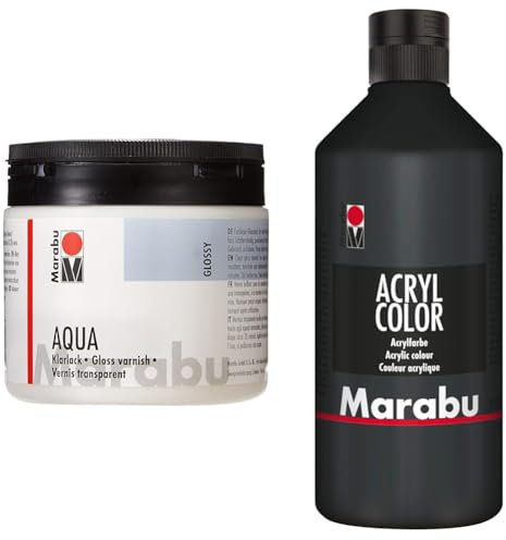 Marabu 11350075000 - Farbloser aqua Klarlack, transparent 500 ml Dose & 12010075073 - Acryl Color schwarz 500 ml, cremige Acrylfarbe auf Wasserbasis