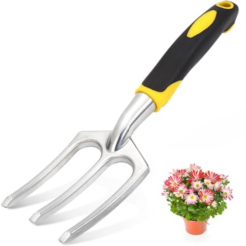 Garden Fork, Stainless Steel Hand Weed Fork, Pointed with Rubberized Non-Slip Ergonomic Handle, Rust Resistant Gardening Tools, Planting, Transplanting, Weeding, Loosening the Soil