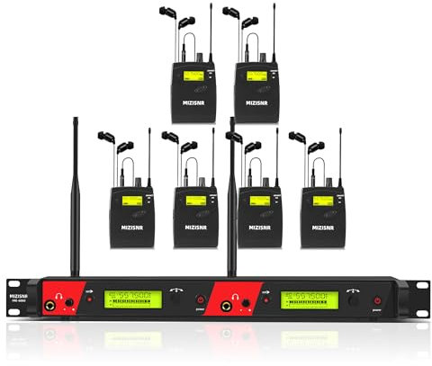 MIZISNR Wireless in Ear Monitor System, 2 Channel 6 Bodypacks Pro Mono IEM System for Musicians, Metal Rack Mount Monitor w/ 2x40 UHF Frequencies, 330ft Range for Band, Stage or Studio (IME-6000)