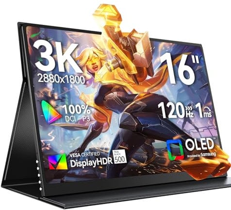 Monitor Portátil OLED 3K 120Hz 16 Pulgadas con 100000:1 500 Nits 2880*1800 16:10 DCI-P3 1ms Pantalla Mini HDMI USB C para PC Laptop Smartphone Consolas de Juegos, Carcasa de Metal, Compatible con VESA