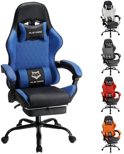 Play haha.Silla Gaming Silla de Oficina Silla Giratoria Silla de Ordenador Silla de Tareas Silla de Escritorio Silla Ergonómica Silla de Carreras Silla de Cuero Silla (Azul con Reposapiés)