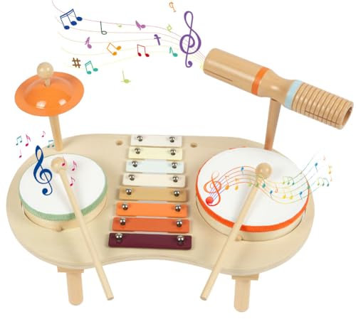 Vicloon Kinder Trommel Set, Holzspielzeug Baby Schlagzeug Kinder Trommel Xylophon Percussion Instrumente, Musikinstrumente Baby Montessori Spielzeug für Ostern Weihnacht Geschenk ab 3 Jahre