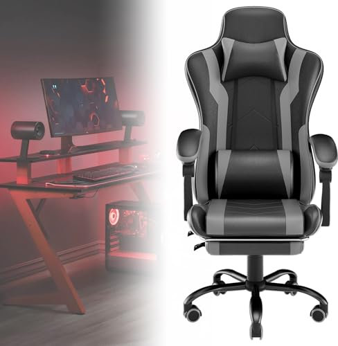 Froadp Ergonomischer Gaming Stuhl mit PU-Leder Abnehmbaren Nacken- und Lendenkissen 360° Drehbar Bürostuhl mit Wippfunktion Höhenverstellbar Schreibtischstuhl für Büro und Gaming, Schwarz + Grau